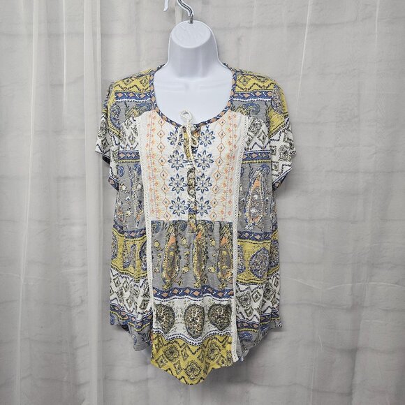 Yellow Gray Embroidered Blouse Patchwork Paisley Boho Festival Hippie 0X - Picture 1 of 11